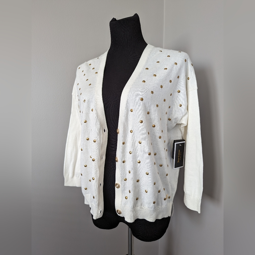 NWT Juicy Couture Ivory Knit and Gold Embellished Cardigan Sweater, Medium